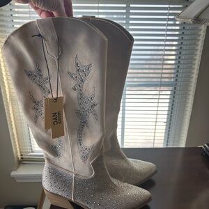 Modern NYC Beige Rhinestone Cowboy Boots
